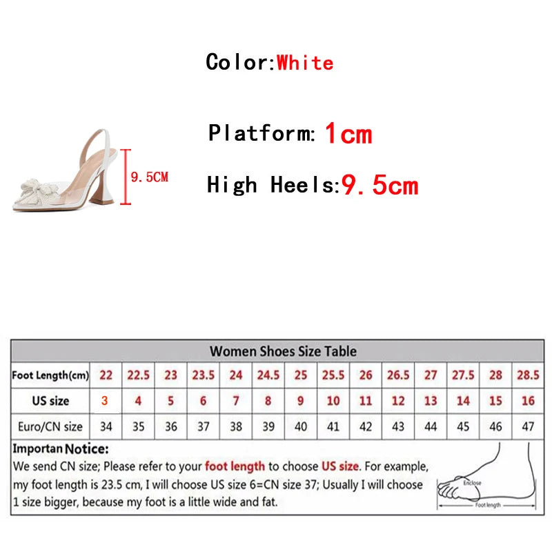 Fashion Design White Pearl Bowknot Women Pumps Sexy Pointed Toe High Heels Wedding Prom Shoe PVC Transparent Sandal Female