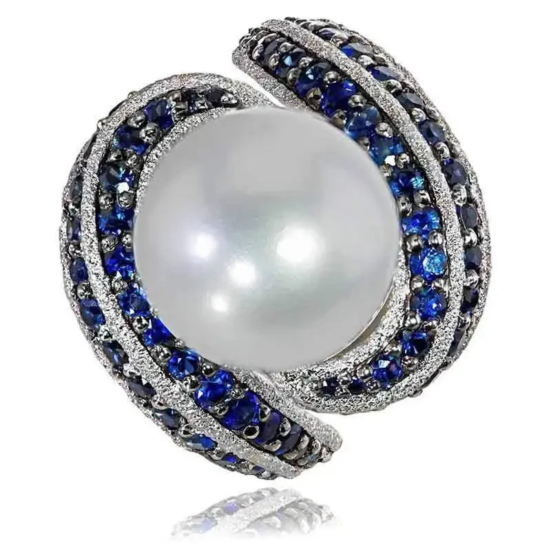 Hyperbole Personality Women Rings Irregular Shaped Full with Blue CZ Imitation Pearl Wedding Rings Hot Trendy Jewelry - EUFASHIONBAGS