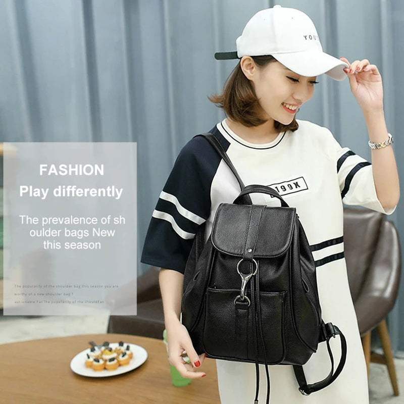 Women Backpack New PU Leather Girls School Bag Large Capacity Black High Quality Anti Theft Female Backpacks