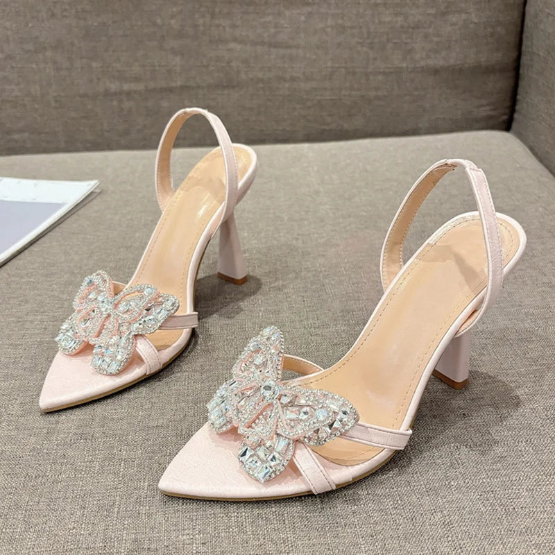 Size 35-41 Sexy Slingback Sandals Women Back Strap High Heels Summer Fashion Crystal Diamond Pointed Toe Wedding Prom Shoe