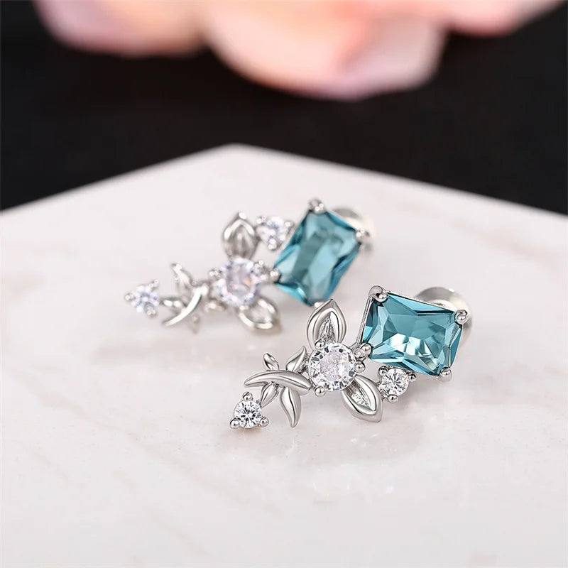 Temperament Blue CZ Flower Earrings for Women Aesthetic Female Accessories Wedding Engagement Party New Fashion Jewelry