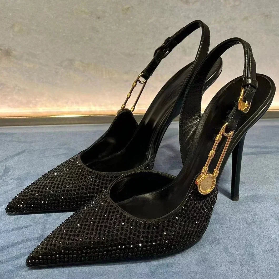 Luxury Rhinestone Sexy Pointed Toe High Heels Women Metal Buckle Shallow Elegant Banquet Party Shoes Mules Pumps Sandals Female