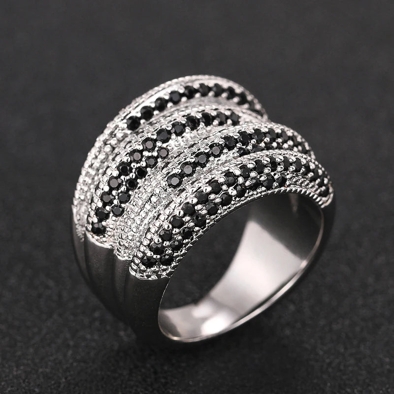 Stylish Lady Wide Ring with Black Crystal Stone Trendy Party Silver Color Finger Accessories for Women Statement Jewelry - EUFASHIONBAGS