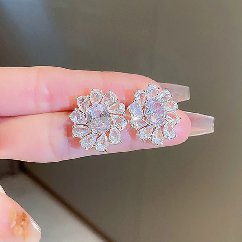 Sparkling CZ Stud Earrings Women Aesthetic Flower Shape Bridal Wedding Earrings Exquisite Ear Accessories Party Jewelry - EUFASHIONBAGS