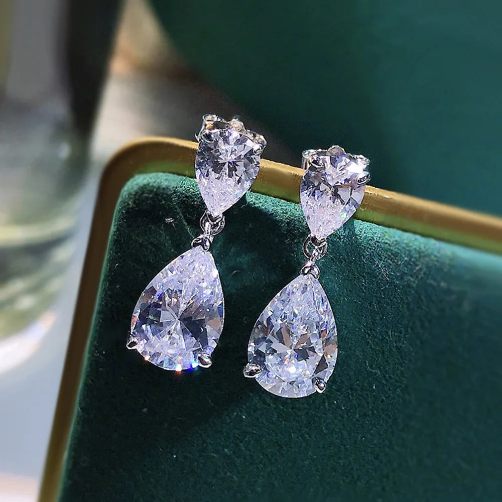 Crystal Water Drop Cubic Zirconia Dangle Earrings Silver Color Temperament Drop Earrings for Women Wedding Trendy Jewelry - EUFASHIONBAGS