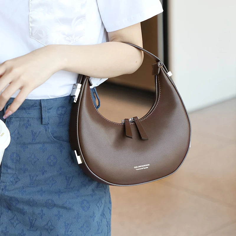 Genuine Leather Women's Bags New Fashion Half Moon Designer Luxury Shoulder Bag High Quality Cowhide Female Handbags