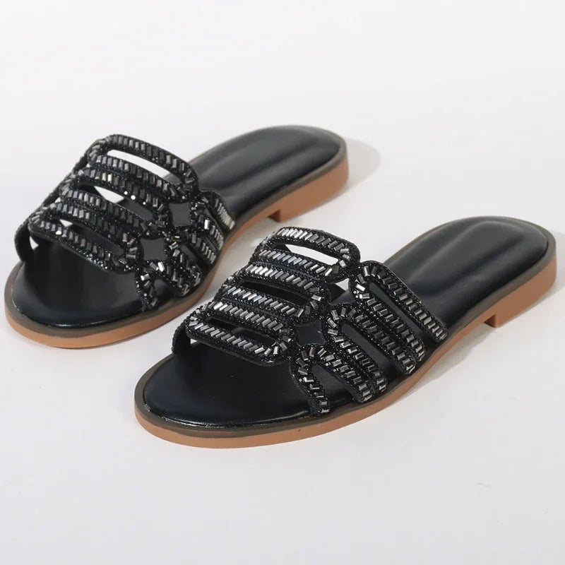 Luxury Rhinestones Flat Slippers Women 2025 Summer New Open Toe Beach Slides Slides Lady Non Slip Leisure Brand Sandals Women