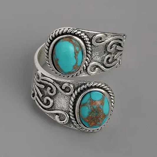 Cross Band Vintage Rings with Imitation Turquoise Stones Caved Pattern Boho Accessories for Women Lady Jewelry - EUFASHIONBAGS