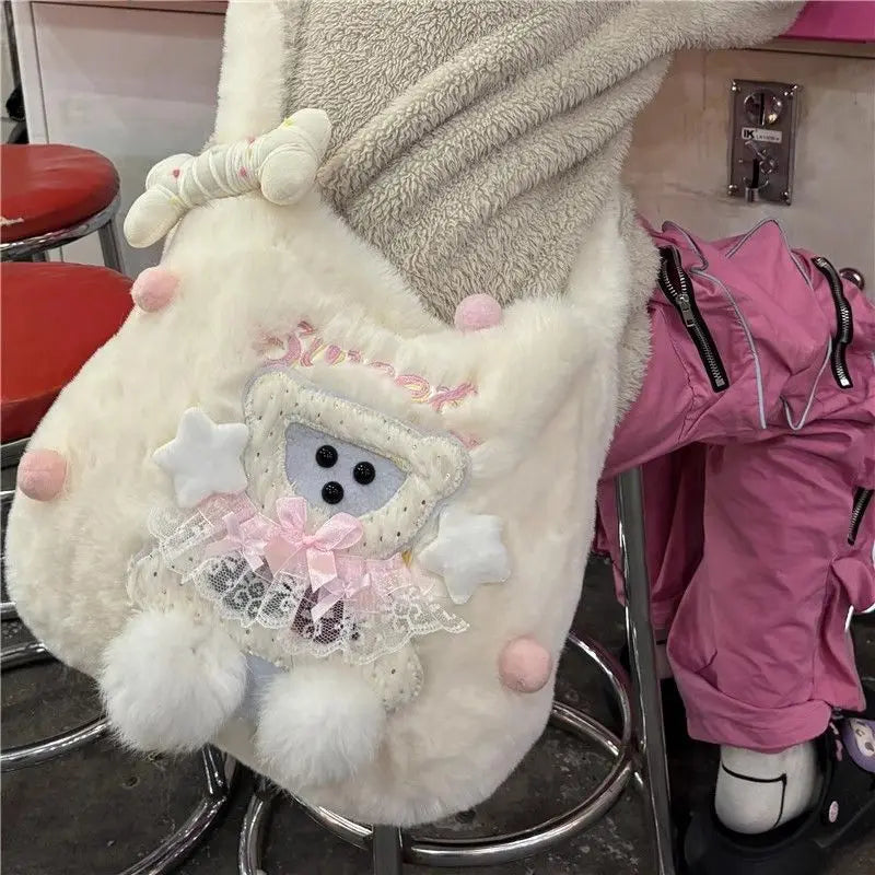 Sweet Cute White Y2k Messenger Bag Women Harajuku Aesthetic Bear Plush Shoulder Bags - EUFASHIONBAGS