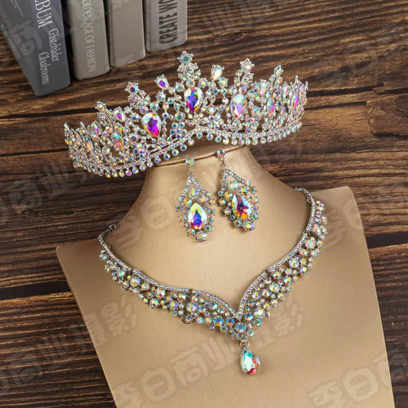 Baroque Crystal Water Drop Bridal Jewelry Sets Rhinestone Tiaras Crown Necklace Earrings for Bride Wedding Dubai Jewelry Set - EUFASHIONBAGS