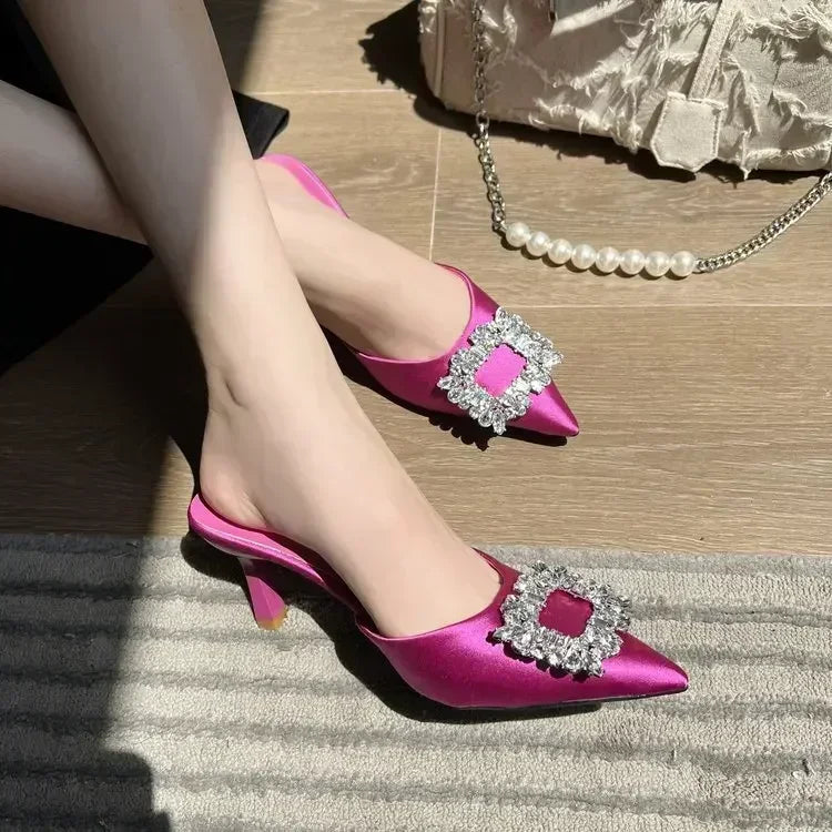 Crystal Square Button Mules Slippers Women Summer Pointed Toe High Heels Dress Shoes Slide Fashion Slingback Sandals Women Pumps