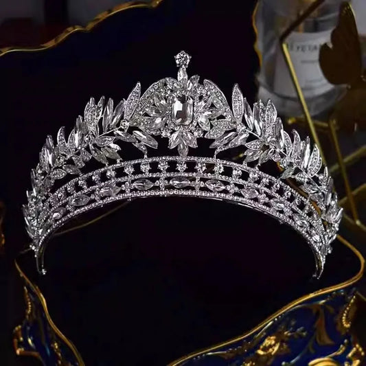 Luxury Royal Queen Crystal Leaf Wedding Crown for Women Rhinestone Diadem Banquet Tiaras Party Costume Hair Jewelry Accessories - EUFASHIONBAGS