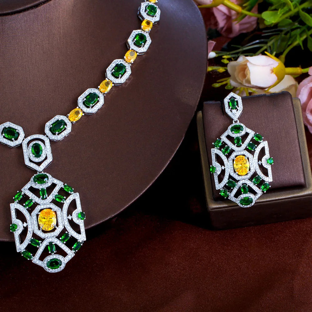 Yellow Green Cubic Zirconia Wedding Banquet Big Chunky Necklace and Earrings Bridal Party Costume Jewelry Sets - EUFASHIONBAGS