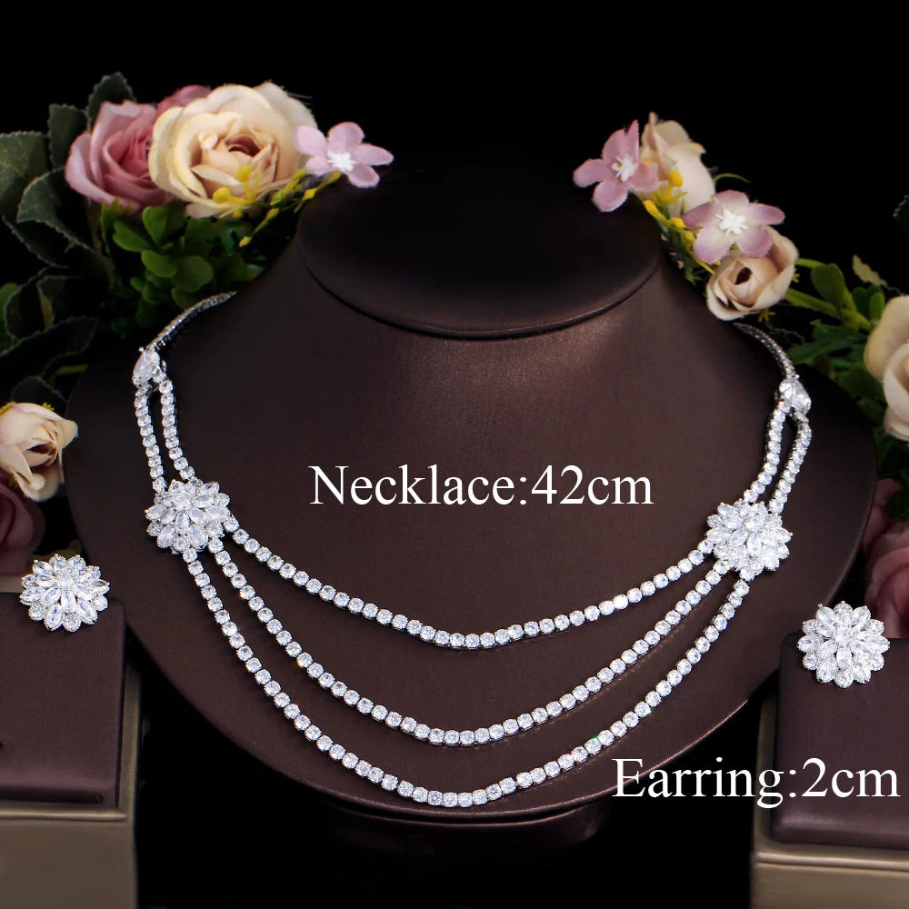 White Cubic Zirconia Big Flower Multi Layered Necklace Wedding Party Costume Jewelry Sets for Brides - EUFASHIONBAGS