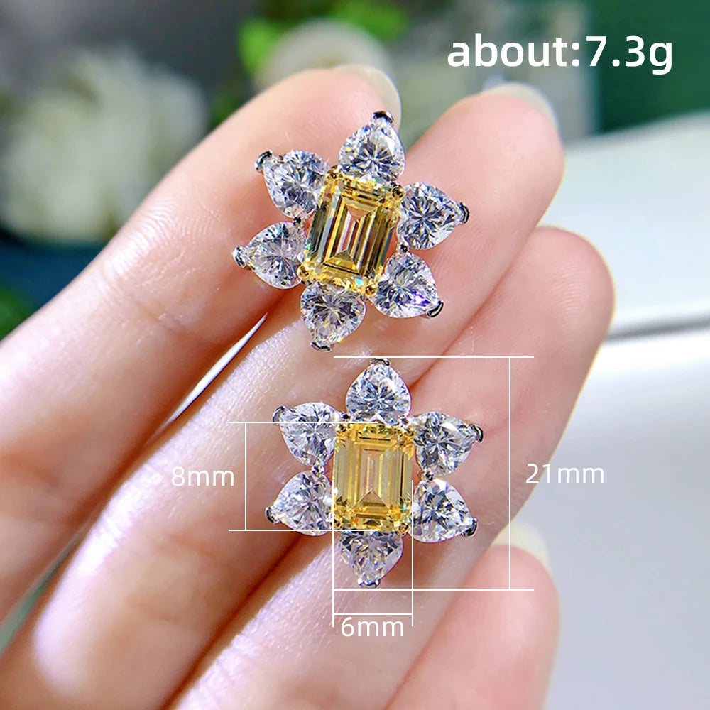 Bright Yellow Flower Shaped CZ Stud Earrings Woman for Engagement Wedding Accessories Fancy Anniversary Gift New Jewelry - EUFASHIONBAGS