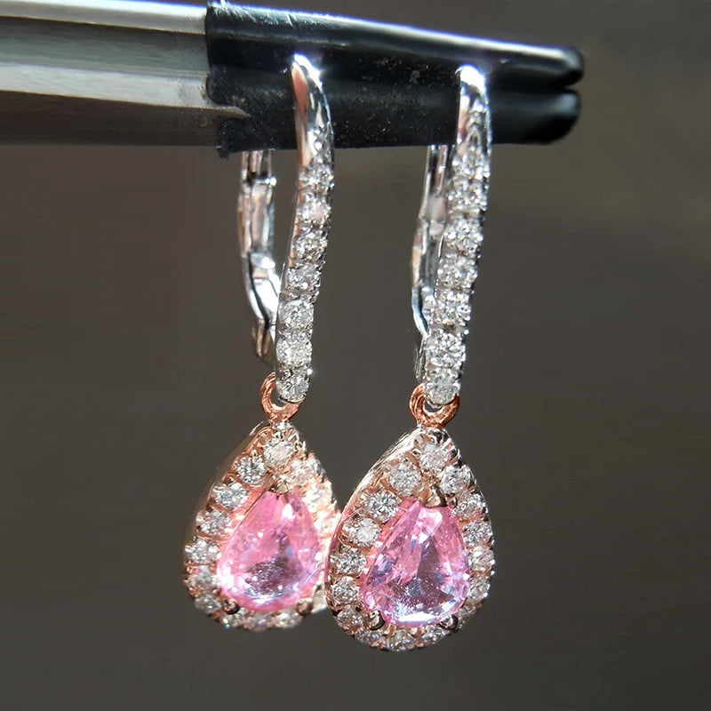 Graceful Two-tone Style Drop Earrings for Women Pink Pear-shaped Zirconia Pendant Accessories Female Engagement Jewelry - EUFASHIONBAGS