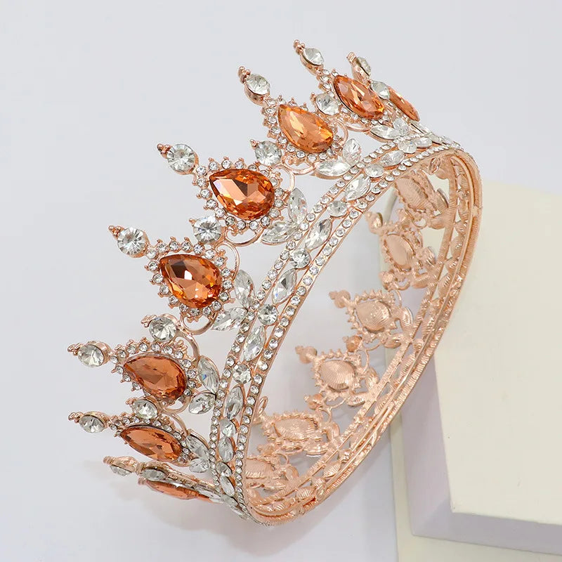 Bride Royal Pink Crystal Queen King Tiaras Baroque Round Crowns Big Rhinestone Pageant Diadem Headband Wedding Hair Accessories - EUFASHIONBAGS