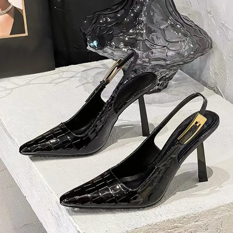 Fashion Big Buckle Women Pumps Pointed Toe Slingbacks Stiletto High Heels Spring Summer Fashion Shoes Sandal Black - EUFASHIONBAGS