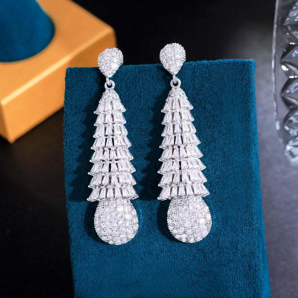 Delicate Long Dangling Cluster Baguette Cubic Zirconia Drop Earrings for Wedding Brides Jewelry Accessories - EUFASHIONBAGS