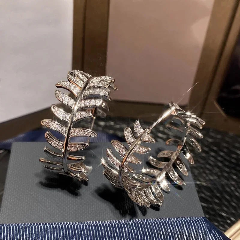 Sparkling Leaf Cubic Zirconia Hoop Earrings Bright Gorgeous Ear Accessories for Women All-matching Dazzling Party Jewelry - EUFASHIONBAGS