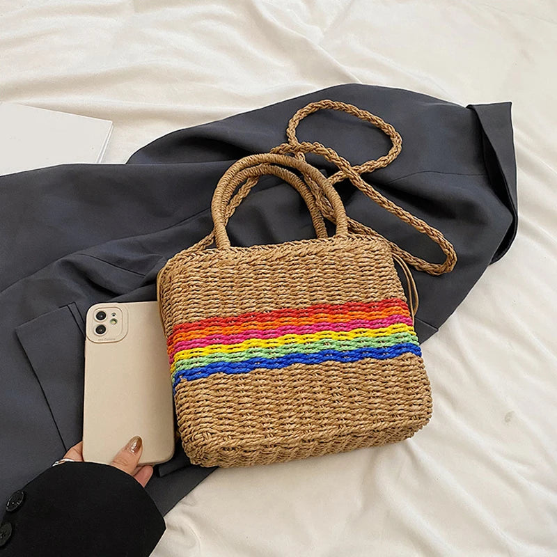 Women Drawstring Crossbody Bag Woven Tote Handbag Versatile Straw Rainbow Sling Bag Female Leisure Shoulder Bag - EUFASHIONBAGS