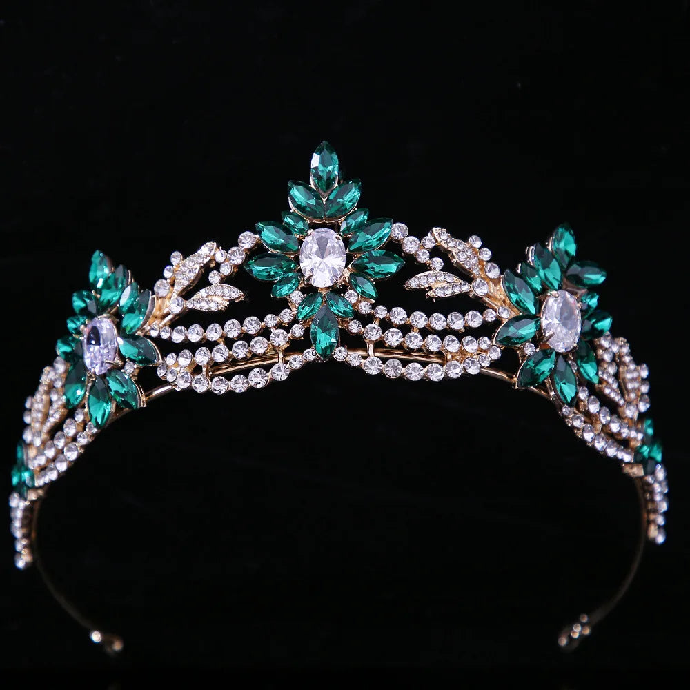 Luxury Green Color Crystal Wedding Crown Bridal Hair Accessories Women Baroque Crown Rhinestones Tiaras Bride Queen Party Crowns - EUFASHIONBAGS