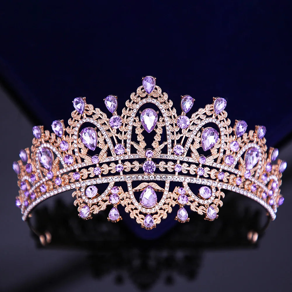 Luxury Frontlet Pink Rhinestone Bridal Tiaras Crown Baroque Crystal Pageant Prom Diadem Bride Headbands Wedding Hair Accessories - EUFASHIONBAGS