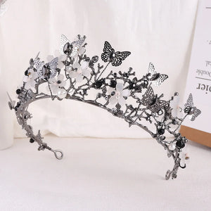 Black Bridal Crown Baroque Pearl Rhinestone Crowns Tiara Butterfly Hairband Wedding Hair Accessories Princess Crown Bride Tiaras