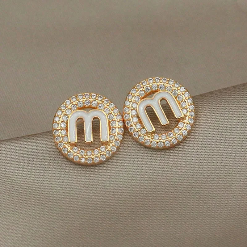 Classic Oil Letter M Crystal Stud Earrings Fashion Brand Jewelry Luxury Zirconia  Earrings for Women Party Accessories