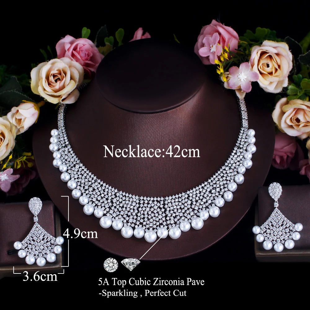 Luxury Top Cubic Zirconia Pave Chunky Big Wide Wedding Bridal Pearl Necklace Festive Jewelry Sets for Women - EUFASHIONBAGS