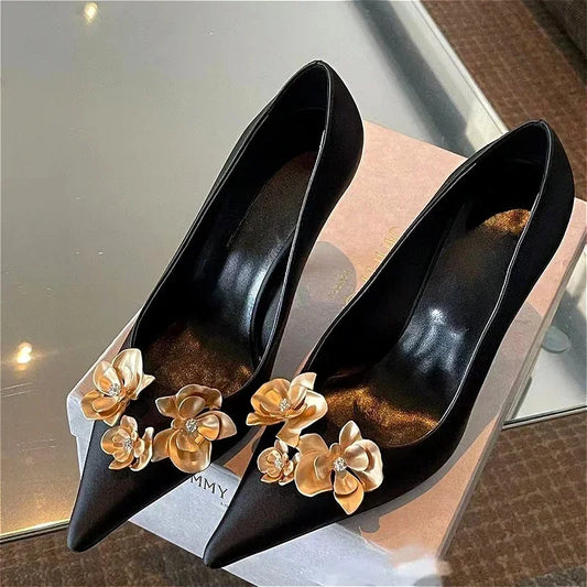 Metal Flower Design Brand Thin High Heels Women Satin Sexy Banquet Dress Shoes Pointed Toe Pumps Zapatos De Mujer