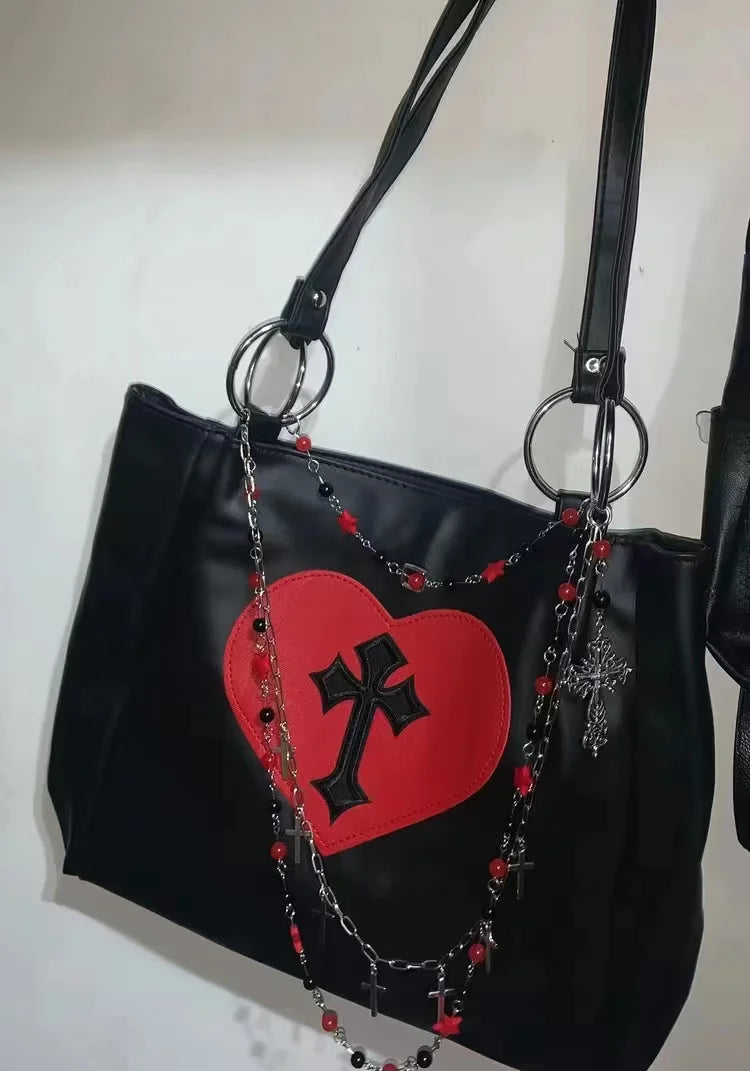 Y2k Grunge The Tote Bag Women Gothic Cross Pu Leather Chain Large Handbags Vintage Black Shoulder Bag