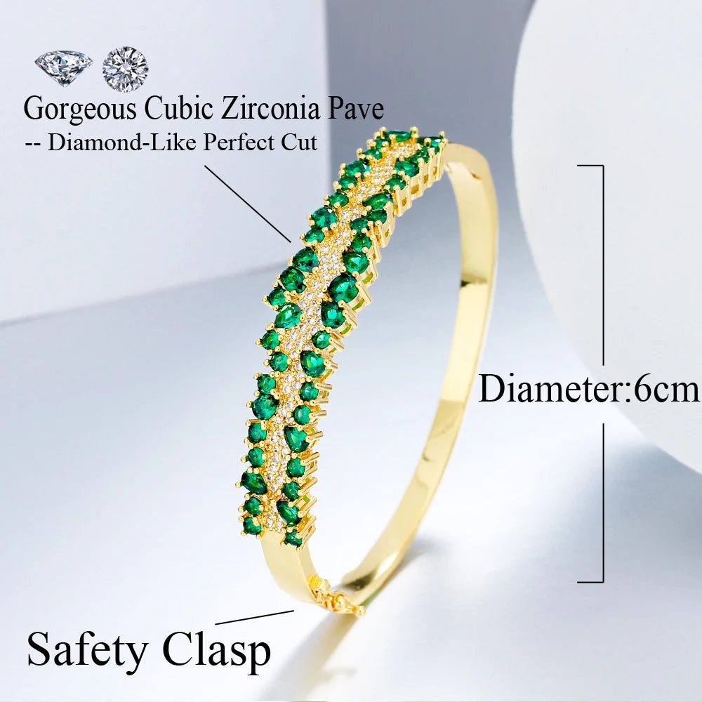 Fancy Green Cubic Zirconia Pave Brazilian Gold Plated Wedding Engagement Bangle for Women Luxury CZ Jewelry