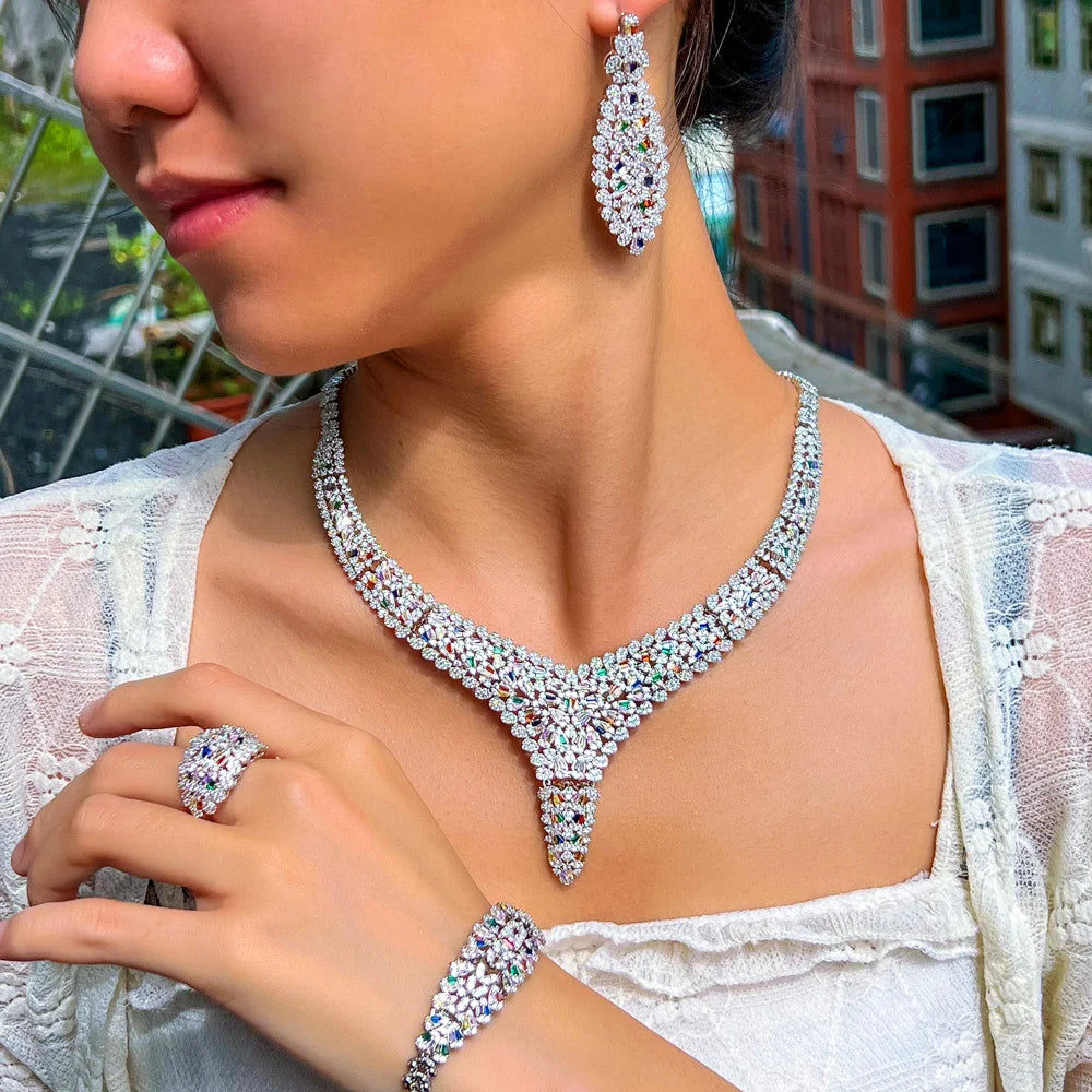 Luxury Chunky Multi Color Cubic Zirconia Pave Women Wedding Party Bridal Jewelry Sets Dubai 4pcs Accessories - EUFASHIONBAGS