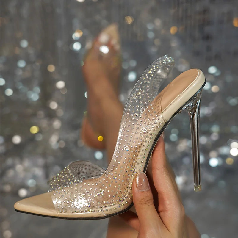 2025 New Crystal Rhinestone PVC Transparent Women Pumps Sandal Perspex Stilettos High Heels Pointed Toe Wedding Party Shoe