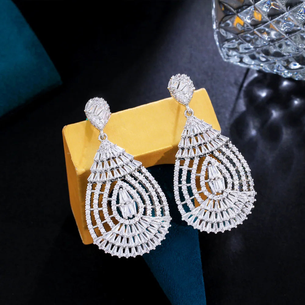 Glamorous White Cubic Zircon Paved White Gold Color Long Dangling Drop Brides Wedding Earring Jewelry for Women