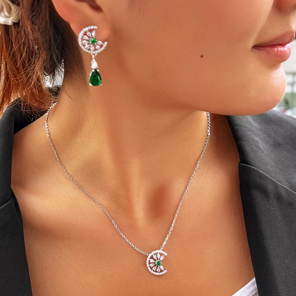 Green Water Drop Cubic Zircon Engagement Half Round Pendant Necklace and Earrings Jewelry Set for Women - EUFASHIONBAGS