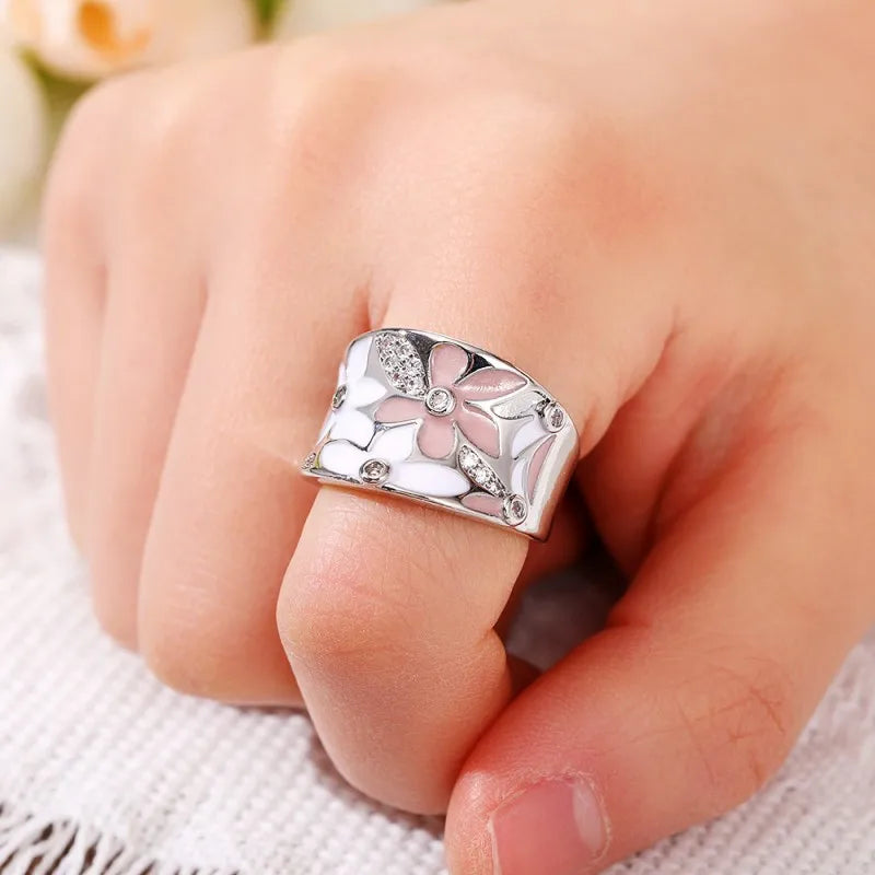 Aesthetic Enamel Flower Finger Ring for Women Wedding Party New 2023 Ring Silver Color Luxury Cubic Zirconia Jewelry Gift