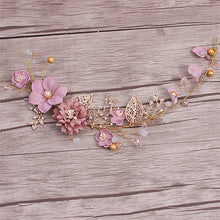 Cargar imagen en el visor de la galería, Long Hair Jewelry Pink Flower Headband Wedding Hair Ornaments Headband Bride Headdress Handmade Bridal Wedding Hair Decoration