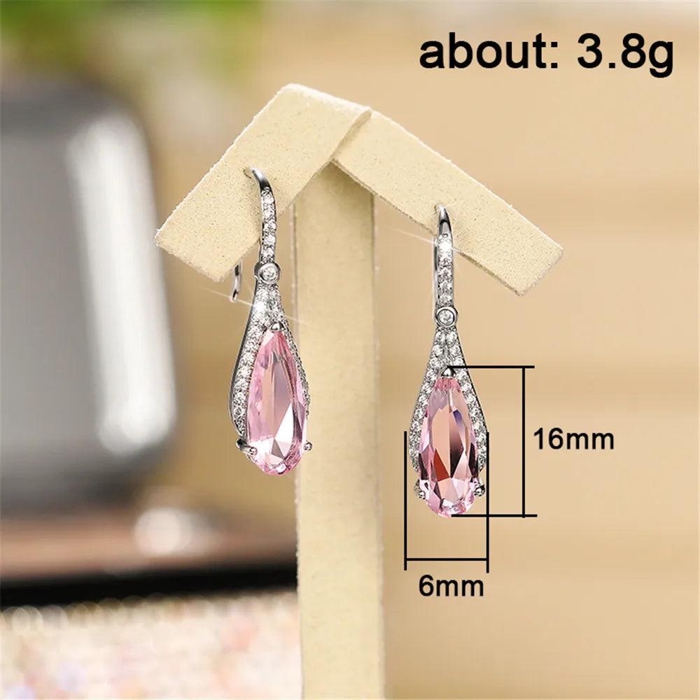 Water Drop Pink Cubic Zirconia Drop Earrings for Women Sparkling Engagement Ear Accessories Temperament Sweet New Jewelry - EUFASHIONBAGS