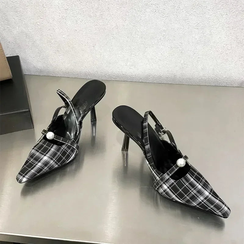 Pointed Toe Retro Plaid High Heels Women Slingbacks Shoes Women Pumps Sexy Office Fashion Dress Shoes Sandalias De Mujer