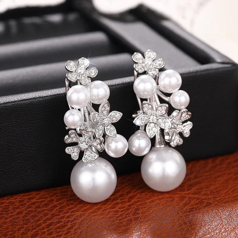 Flower Earrings with Elegant Imitation Pearl Engagement Wedding Aesthetic Earrings for Women Fashion Jewelry