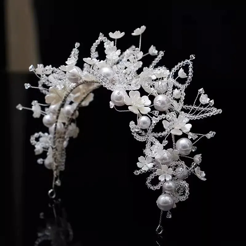 Luxury Crystal Beads Floral Bridal Headpiece Baroque Crown Wedding Hair Jewelry Pageant Rhinestone Diadem Headband Hair Ornament - EUFASHIONBAGS