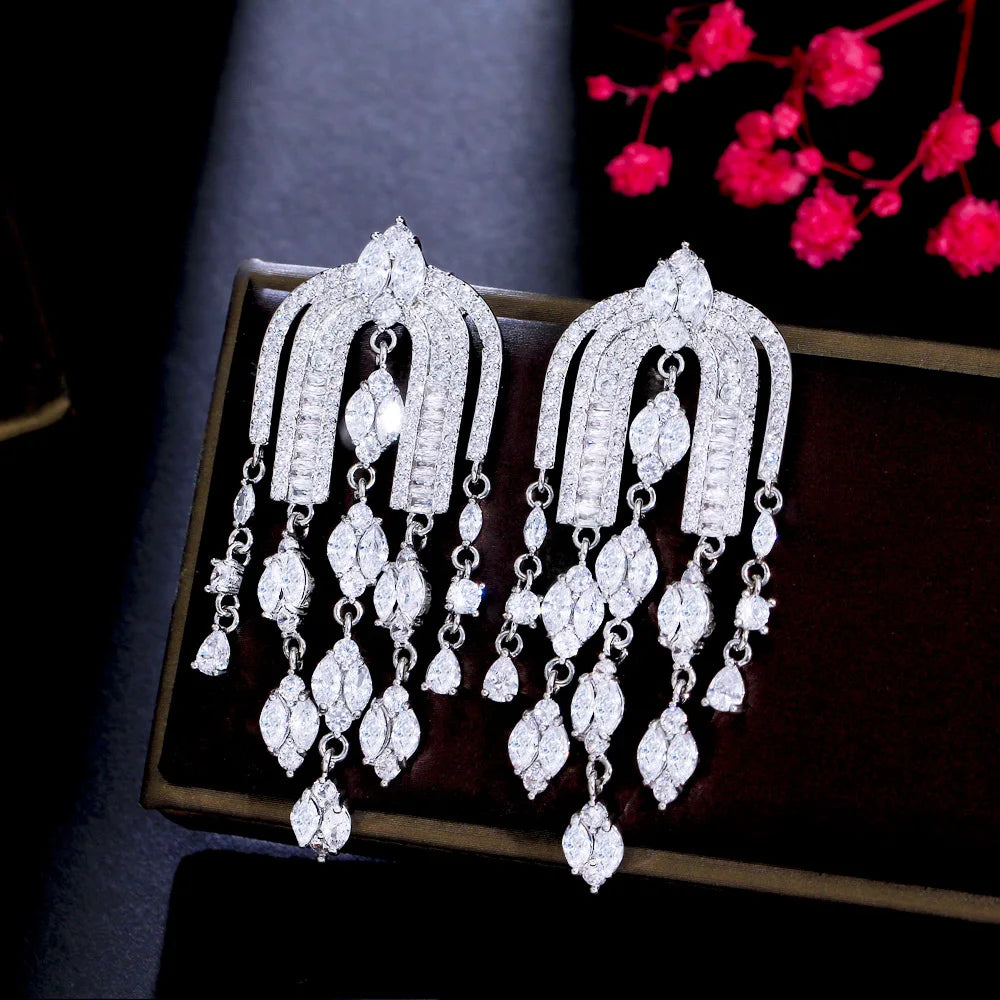 Bling CZ Big Long Dangly Drop Chandelier Bridal Earrings for Women Luxury Wedding Jewelry Accessories