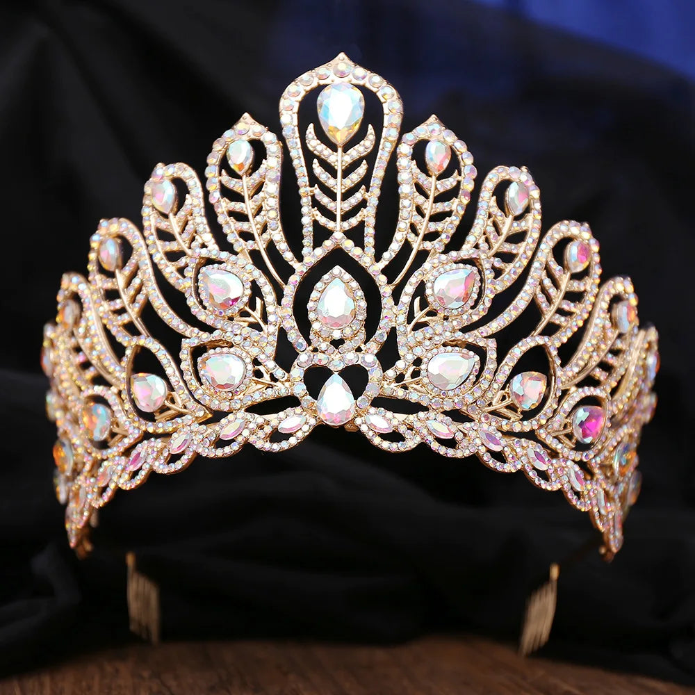 Luxury Royal Queen Rhinestone Wedding Crown Combs for Women Green Crystal Banquet Tiaras Party Costume Hair Jewelry Accessories - EUFASHIONBAGS