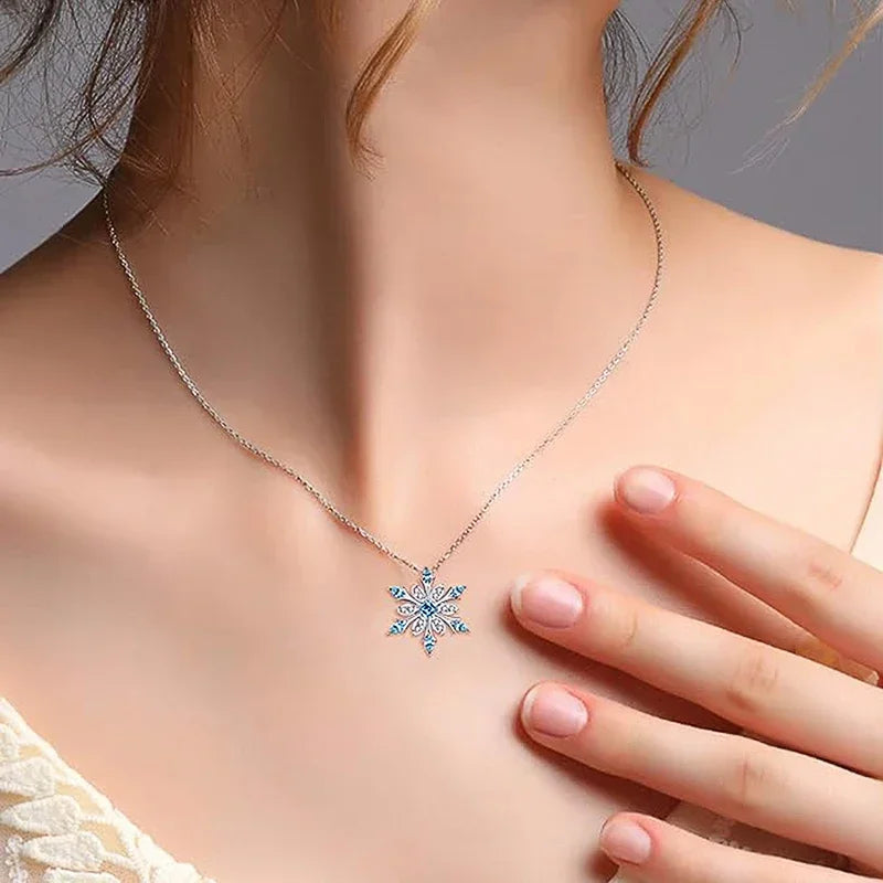 Sky Blue Snowflake Necklace Women for Wedding Party Romantic Anniversary Gift Christmas Exquisite Girls Jewelry - EUFASHIONBAGS