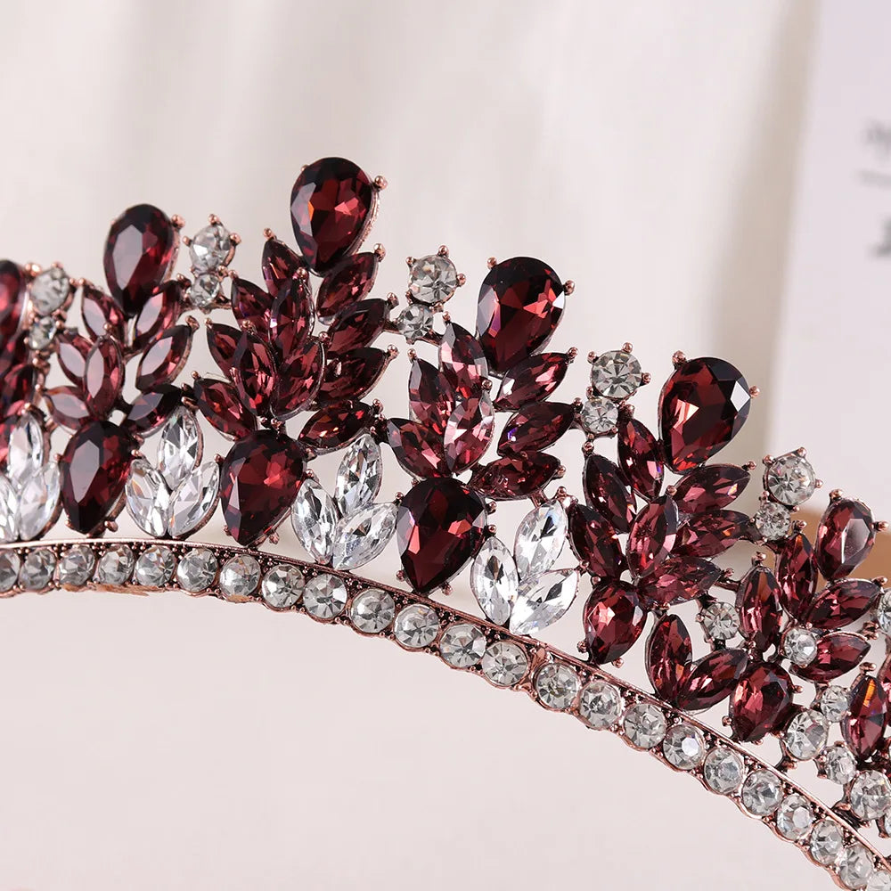 Baroque Retro Forest Wine Red Crystal Diadem Leaf Tiaras Royal Queen Bridal Crown Luxury Wedding Dress Hair Costume Accessories - EUFASHIONBAGS