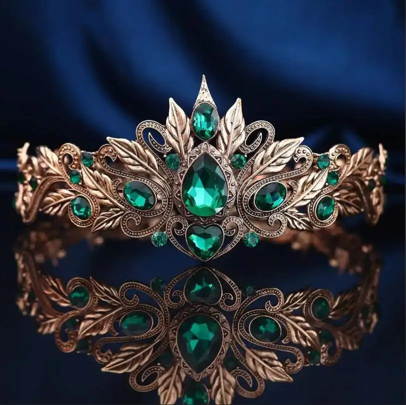 Vintage Bronze Emerald Green Fairy Crown Tiaras Crystal Leaves Elf Tiara Bandana Hair Accessories for Women Costume Hair Jewelry