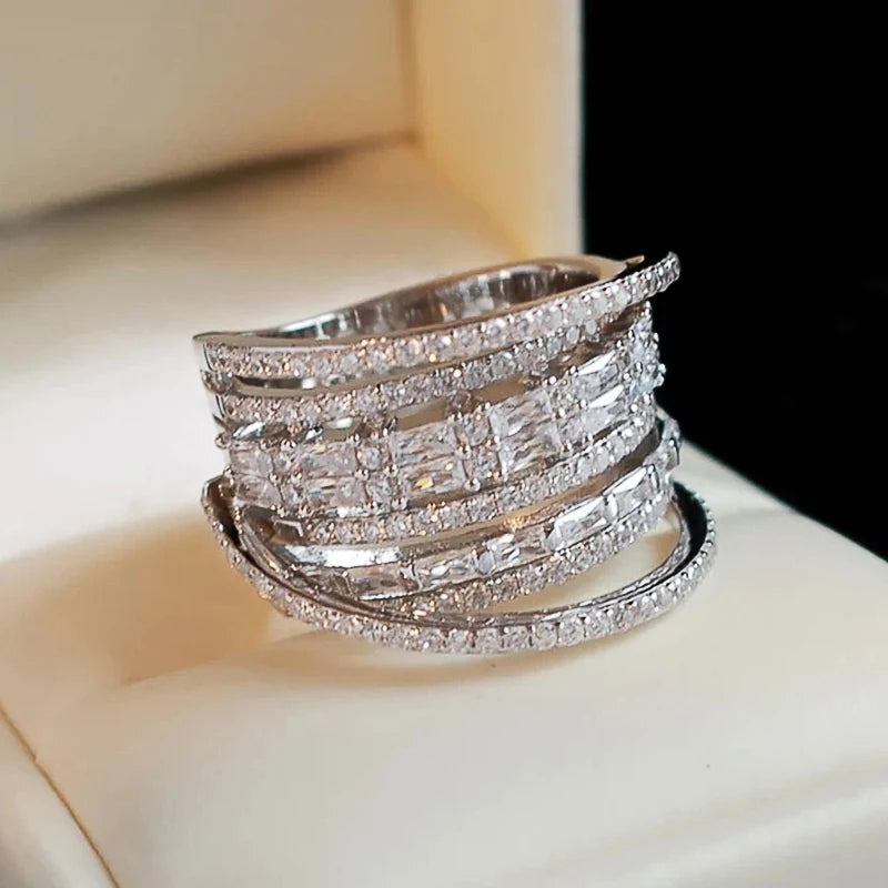 Fashion Multilayered Shiny Zirconia Ring Luxury Female Wedding Party Jewelry Gorgeous Wide Finger Accessories for Women