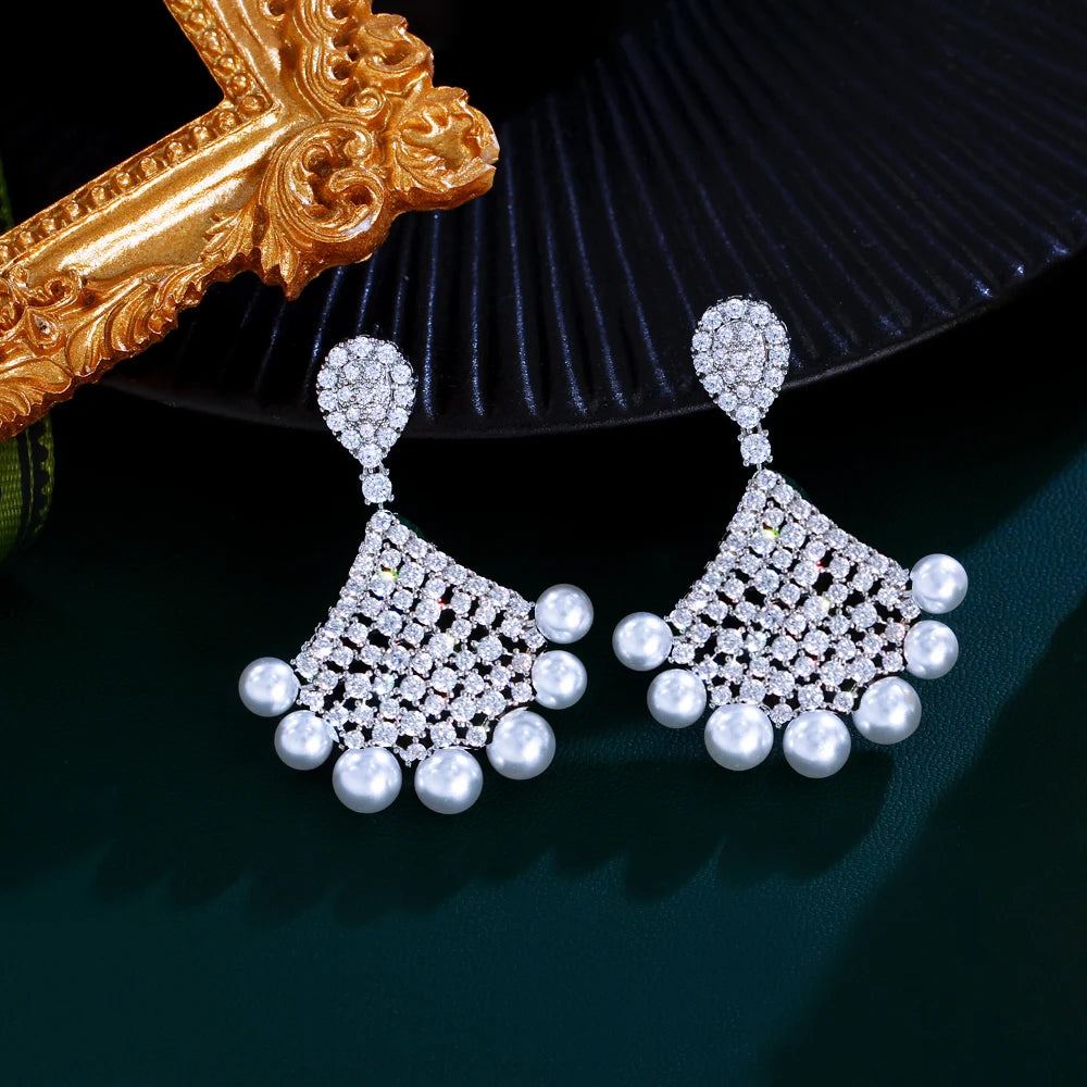 Sparkling White Cubic Zirconia Big Long Dangle Drop Luxury Wedding Bridal Party Pearl Earrings for Women - EUFASHIONBAGS